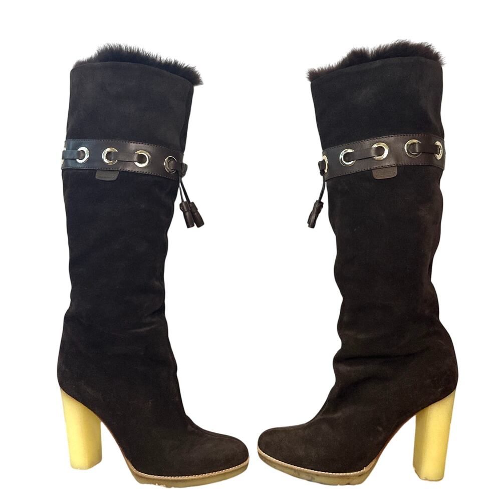 Gucci Dark Brown Suede Leather Fur Lined Tassel Knee Winter High Boots Size 6.5 - Picture 3 of 15